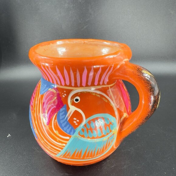 Mexico Tonala Pottery RedWare Coffee Mug Cup Jarrito Hand Painted Birds Vintage - Picture 8 of 13
